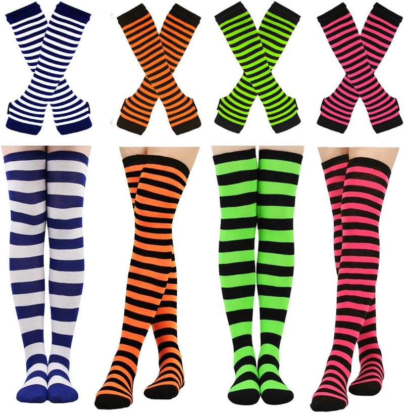 Barrlves Store 2/4 Sets Womens Striped Knee High Socks Long Knitted Arm Warmers Fingerless Gloves for Halloween Costume - Image 1